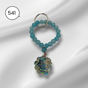 Elegant Blue Beaded Keychain with Floral Charm